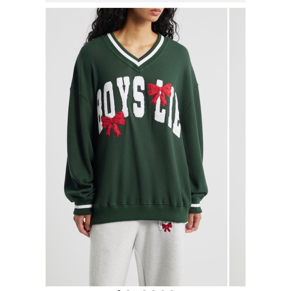 Boys Lie Green Waffle Knit V-Neck Thermal Top with Bows L/XL